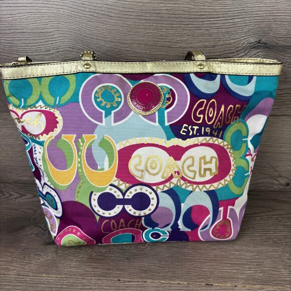 Coach Tote Purse Poppy C Signature Print Gold Trim Rainbow Graffiti F1220-F19434 - Picture 8 of 16